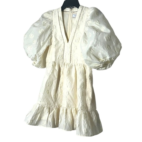 Hunter Bell Gaille Mini Dress Jacquard Ivory Flowers size XS Puff Sleeve Bridal - Picture 9 of 16